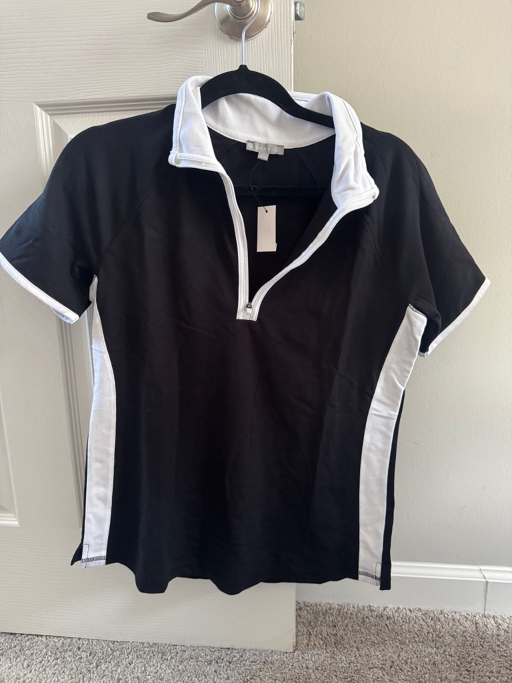 T by Talbots Black and White Short Sleeve Zip Polo